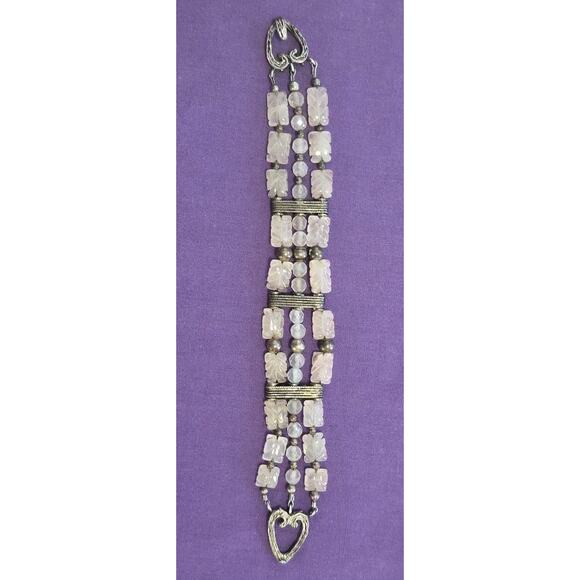 Rare Vintage Bracelet Sterling Silver 925 And Carved Rose Quartz Layered Beads - Picture 2 of 16